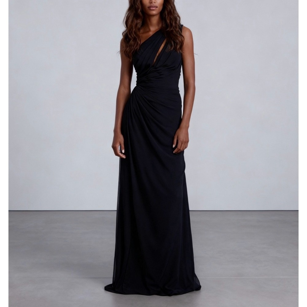 Bill Levkoff One Shoulder Chiffon Gown Maxi Dress Pleated Ruched Black Formal 2